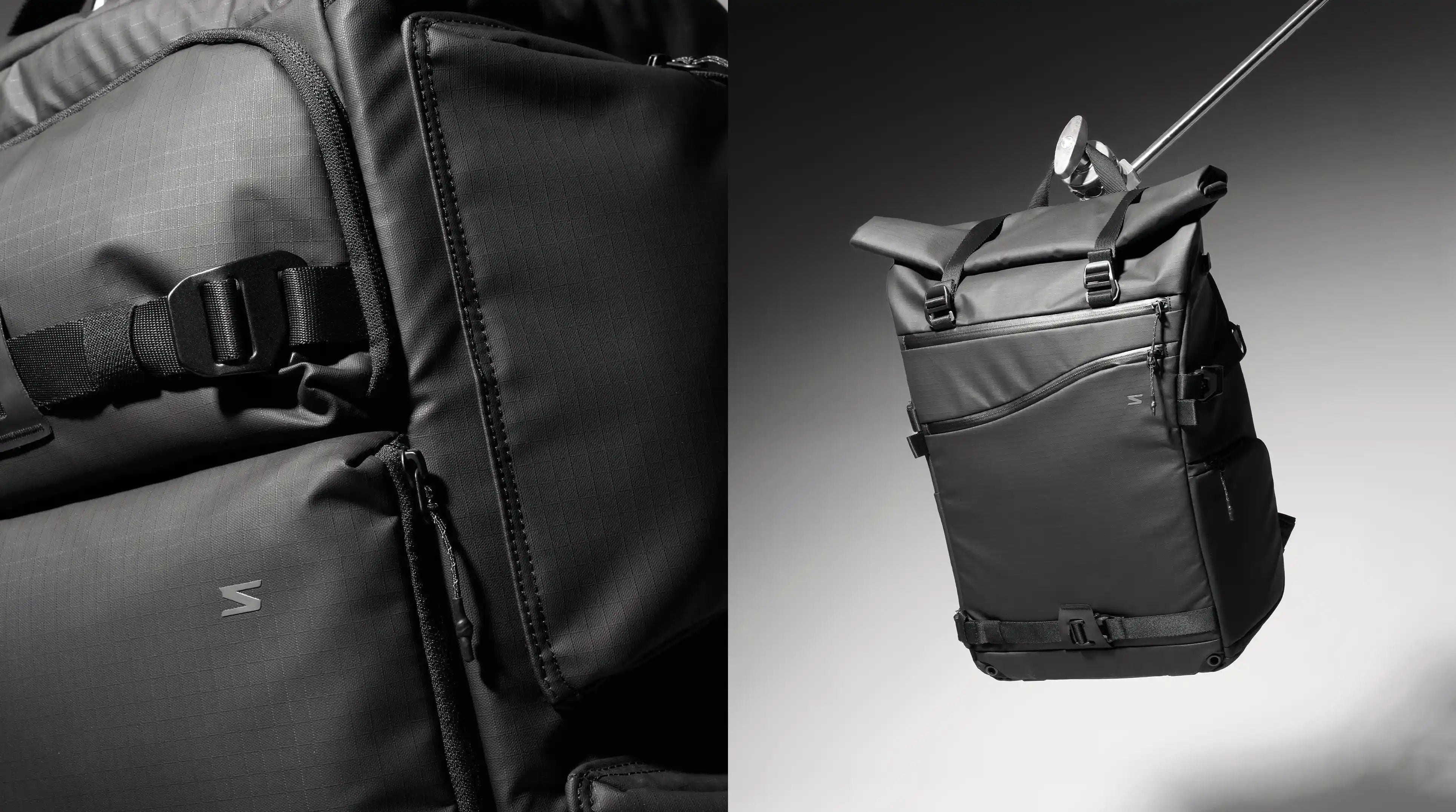 Gray backpack with a strap on a gradient background
