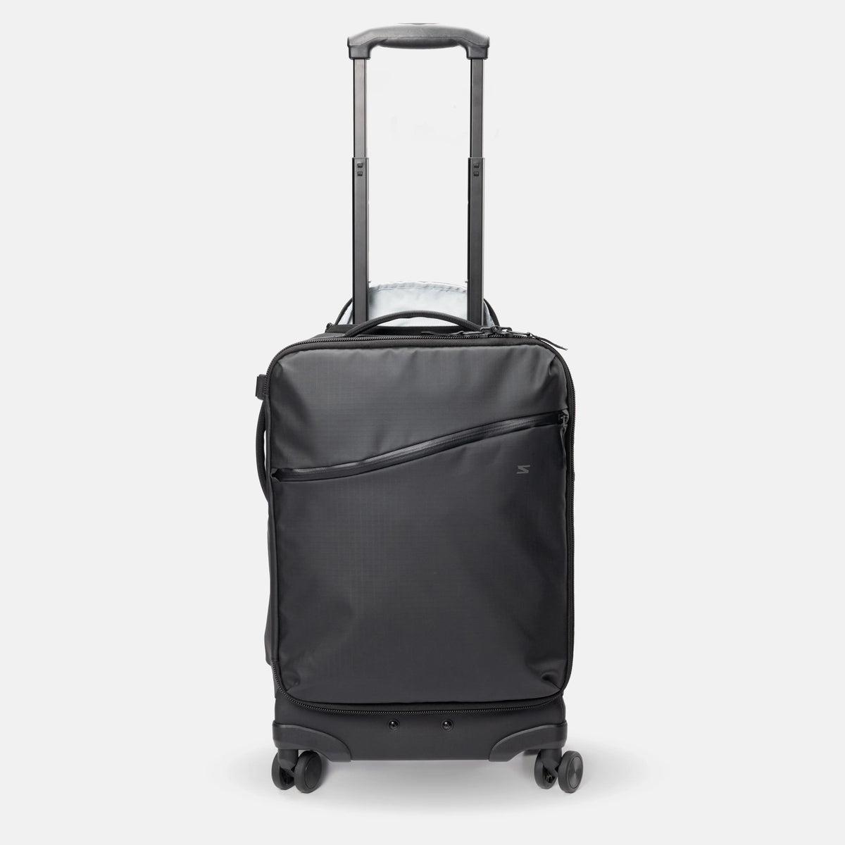 A black rolling suitcase with an extended telescoping handle, a front zippered pocket, and four spinner wheels, shown on a light gray background.
