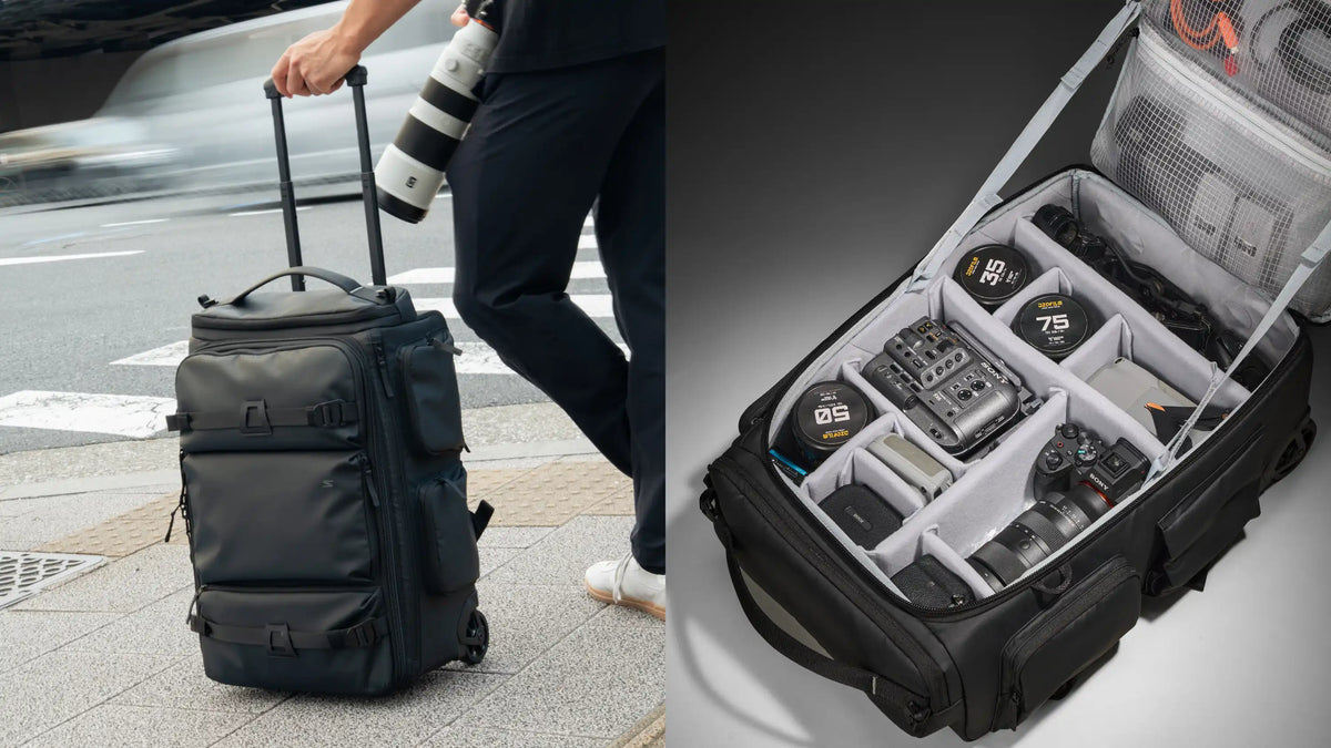 A black rolling camera bag shown in two views: on the left, a person outdoors pulls the bag while carrying a camera lens; on the right, the bag is open to show organized interior compartments with cameras and accessories.