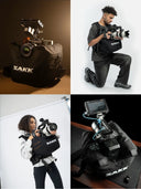 Collage of a person using SAKK camera saddle