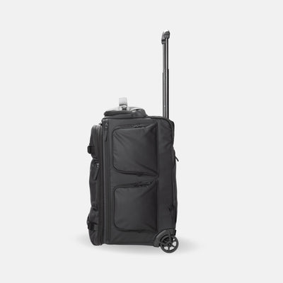 A black rolling suitcase with an extended telescoping handle, shown from a three-quarter angle against a light gray background.