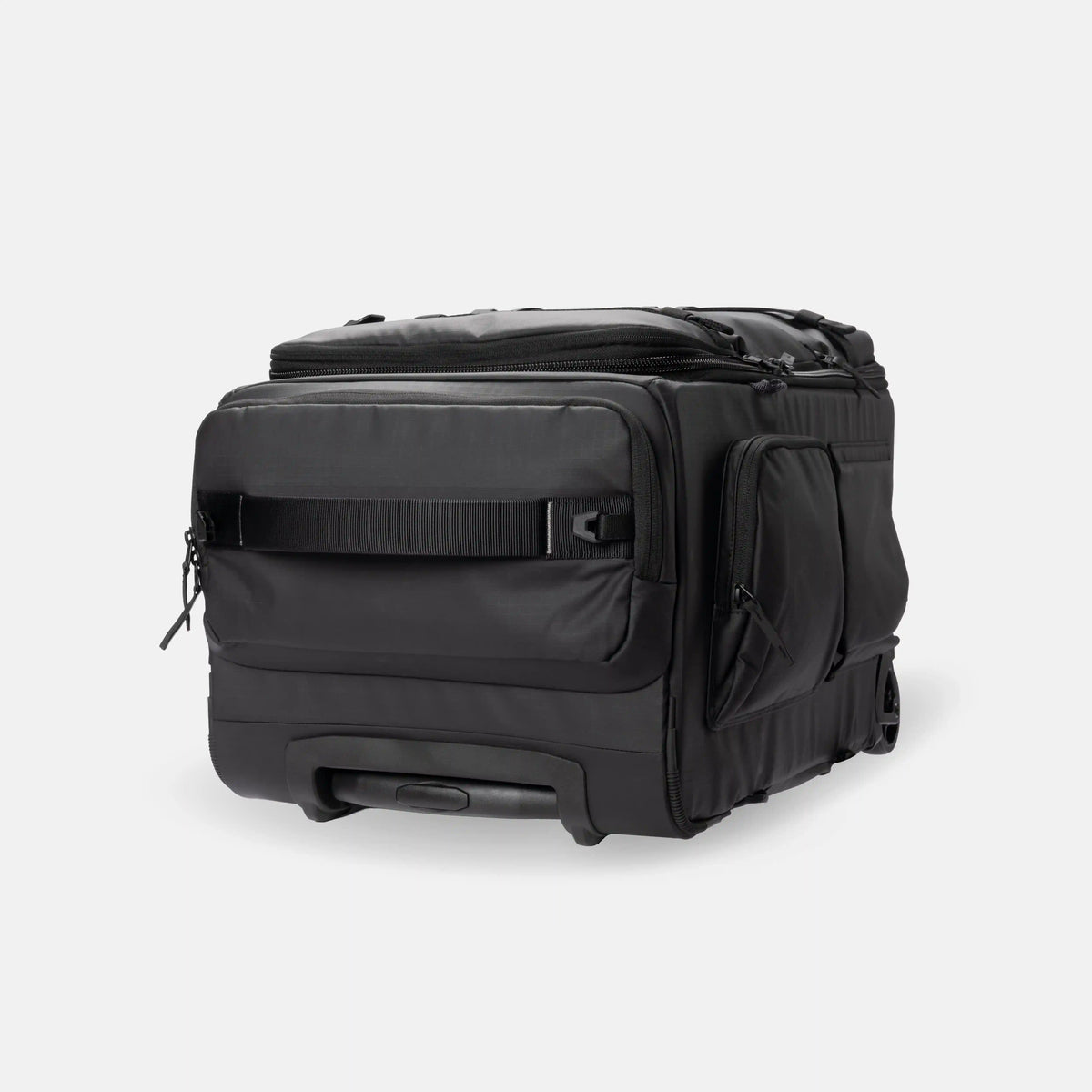 A black rolling duffel bag with multiple zippered compartments and a telescoping handle, shown from a three-quarters angle on a light gray background.
