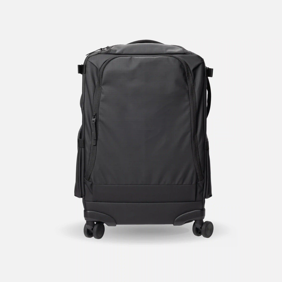 A black rolling duffel bag with four spinner wheels, shown from the front against a light gray background.
