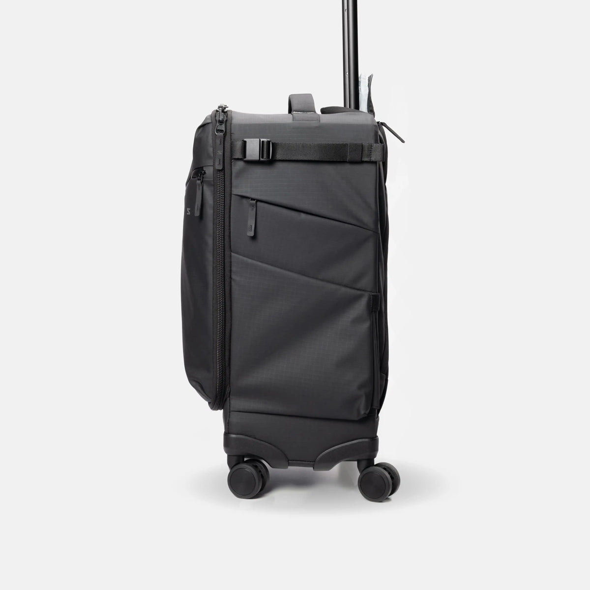 A black rolling suitcase with an extended telescoping handle, shown from a three-quarter angle against a light gray studio background.