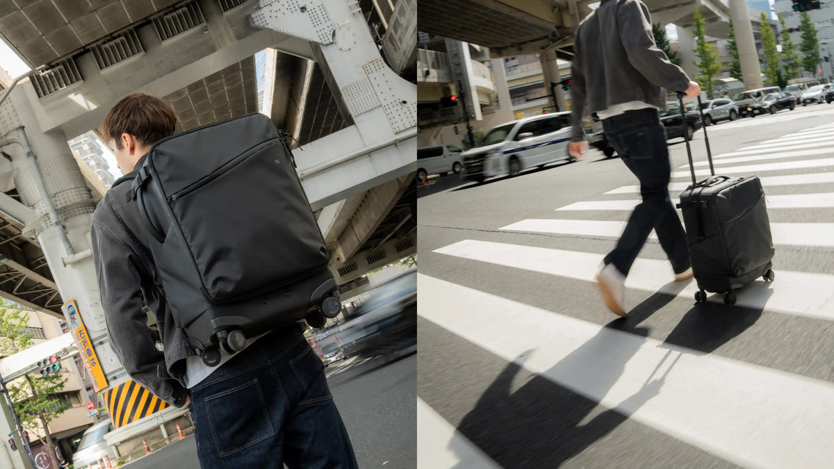 A man wearing a large black backpack is shown from behind in an urban setting under a bridge, alongside a second view of him walking across a crosswalk while pulling a black rolling suitcase. The focus is on the backpack and travel gear in a real-world environment.