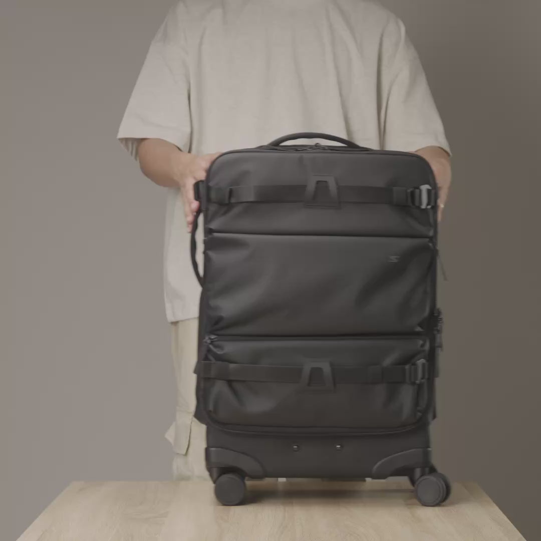 Video showcasing the Sakk Pack Carry-on Roller Bag packed with camera gear, lenses, and shooting essentials, highlighting its spacious interior and organized storage for creators on the go.