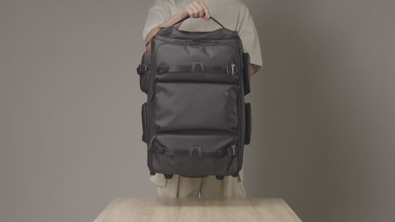 Video showcasing the Cine Pro Carry-On Roller for camera gear, highlighting its spacious interior, organized storage compartments, and rolling design for transporting cameras, lenses, and filming equipment while traveling.